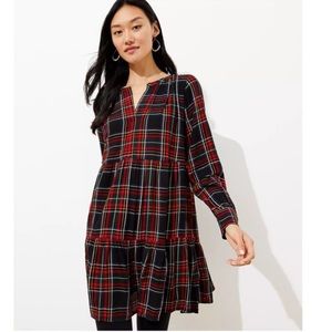 Loft Tiered Swing Dress Black, Navy & Red Plaid